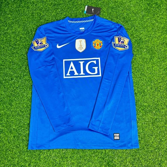 Carlos Tevez Manchester United 2008 Blue Patch Retro Long Sleeve Football Jersey